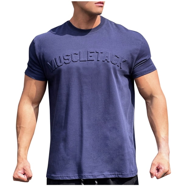 Playeras Elvqul para Caballero Algodón Stretch Azul Marino de Color Sólido Mayor Manga Corta Cuello Redondo Gym