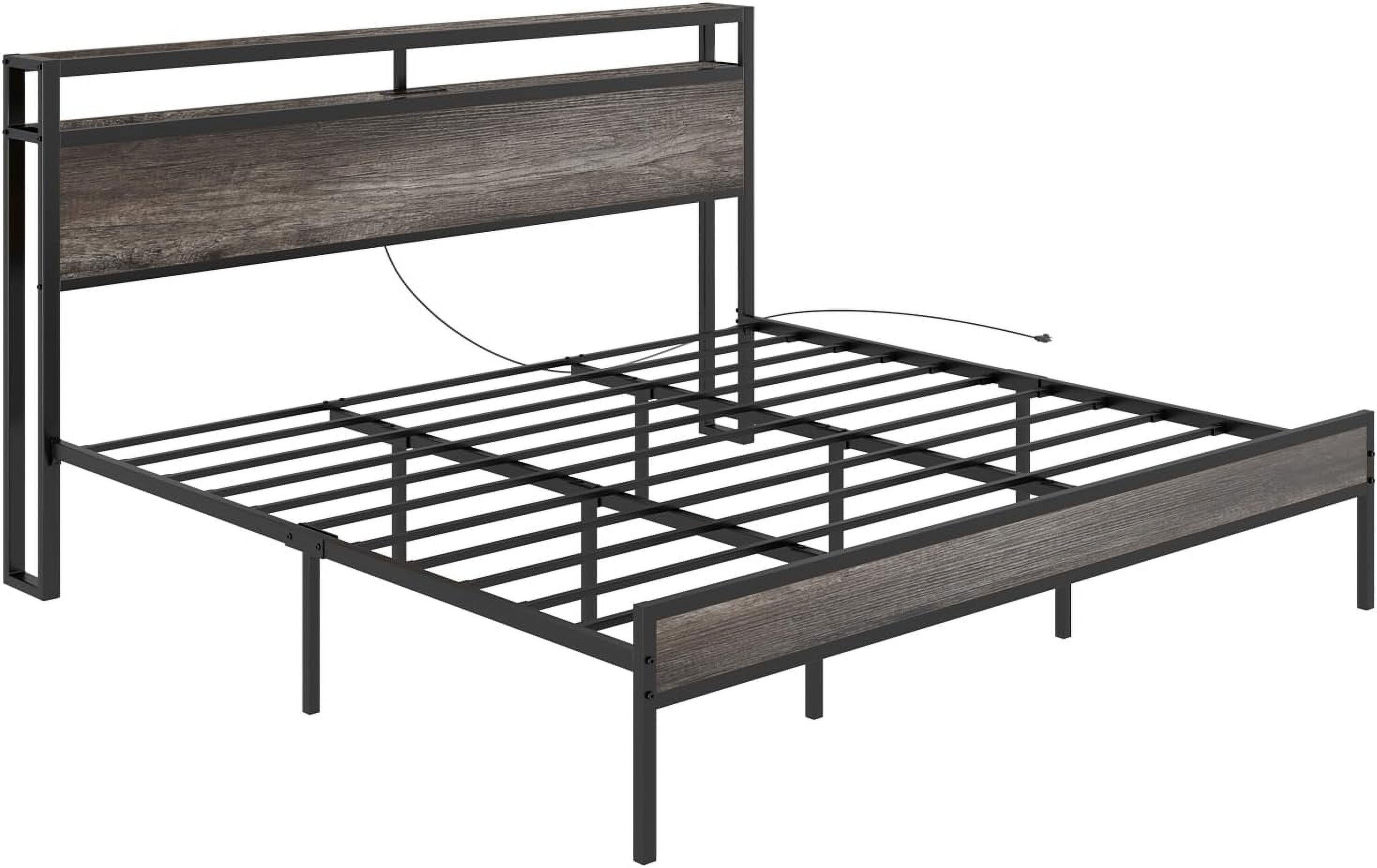 Merluxy King Size Bed Frame Industrial Platform Bed with Charging Station, 2-Tier Storage Headboard/ No Box Spring Needed/ Noise-Free/ Rustic Gray