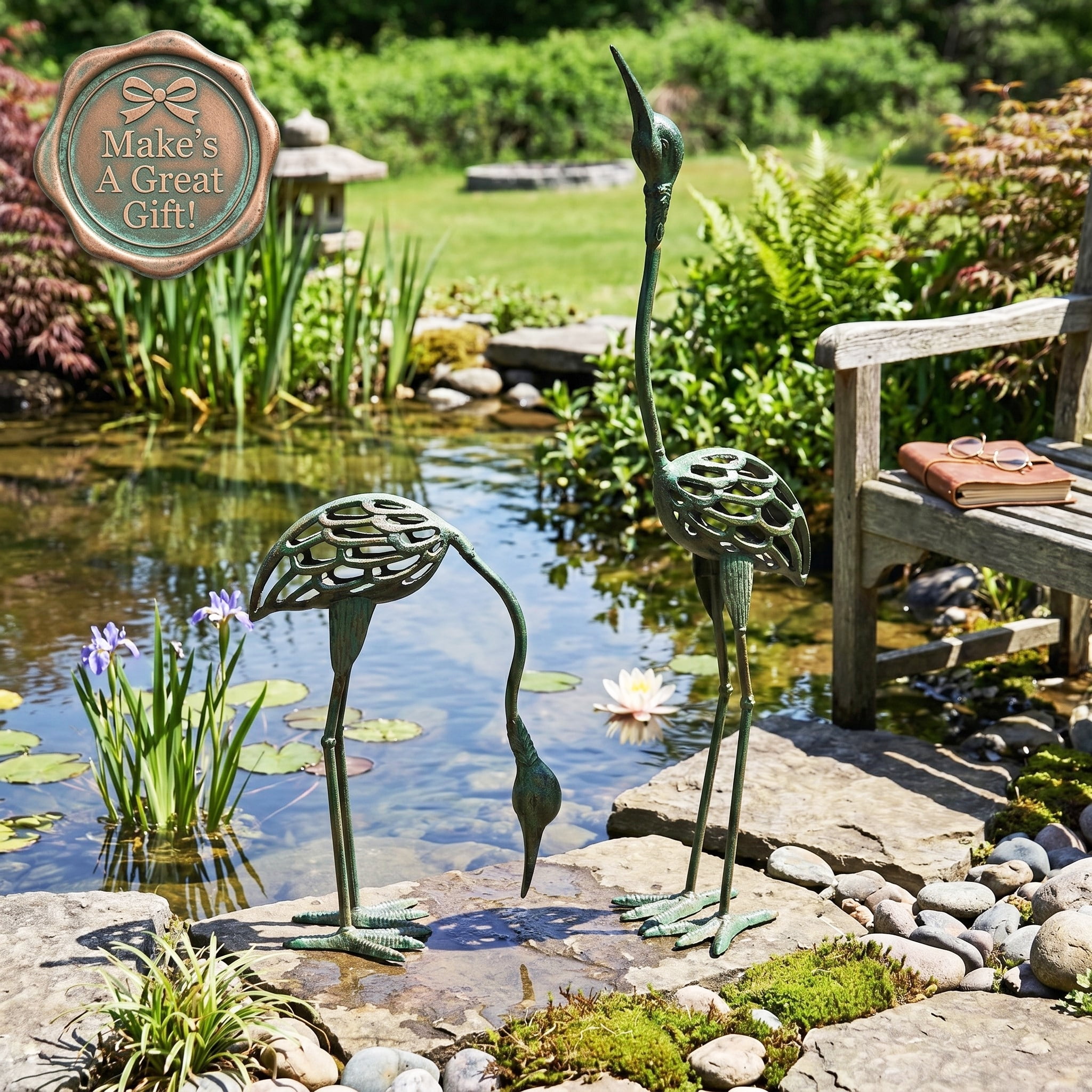 Seraphic Cast Iron Metal Crane/Heron Bird Garden Sculptures Statues for Indoor or Outdoor Lawn Decor, Antique Green, Set of 2