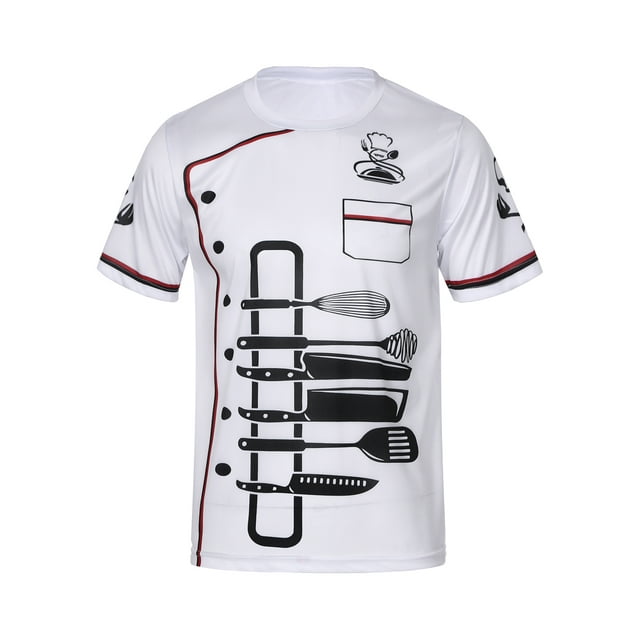 TiaoBug Men Chef Print Contrast Color Restaurant Kitchen Chef Shirt Costume Round Neck Short Sleeve Tee Top White 3XL