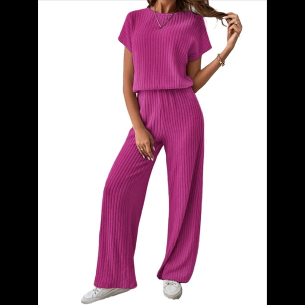 Traje Informal de Dos Piezas para Mujer, para Viajes y Vacaciones de Verano, con Corta y Pantalones Anchos. Rosa Roja M