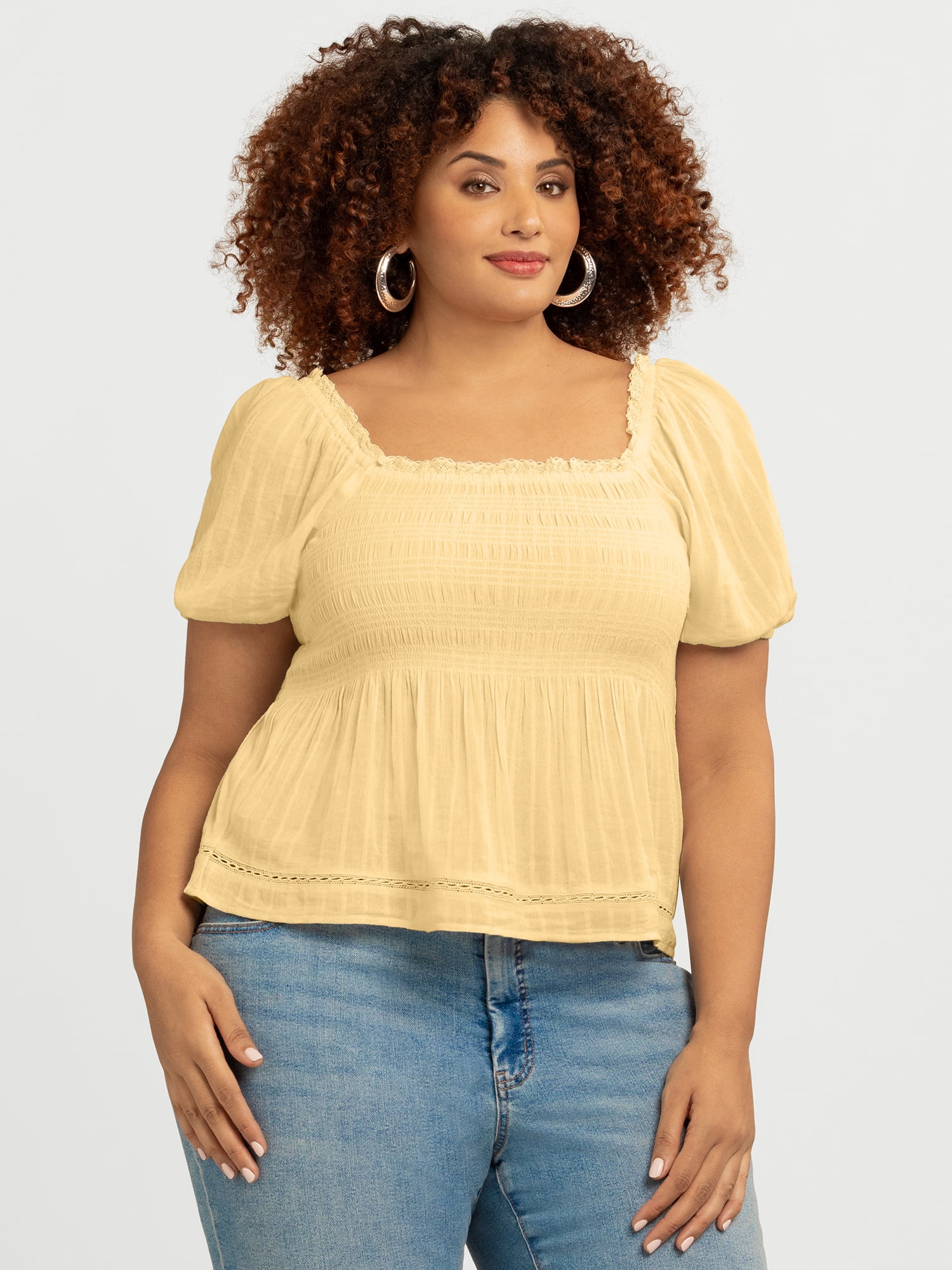 Jessica Simpson Women's and Women's Plus Waverly Cotton Smocked Blouse, Sizes XS-4X