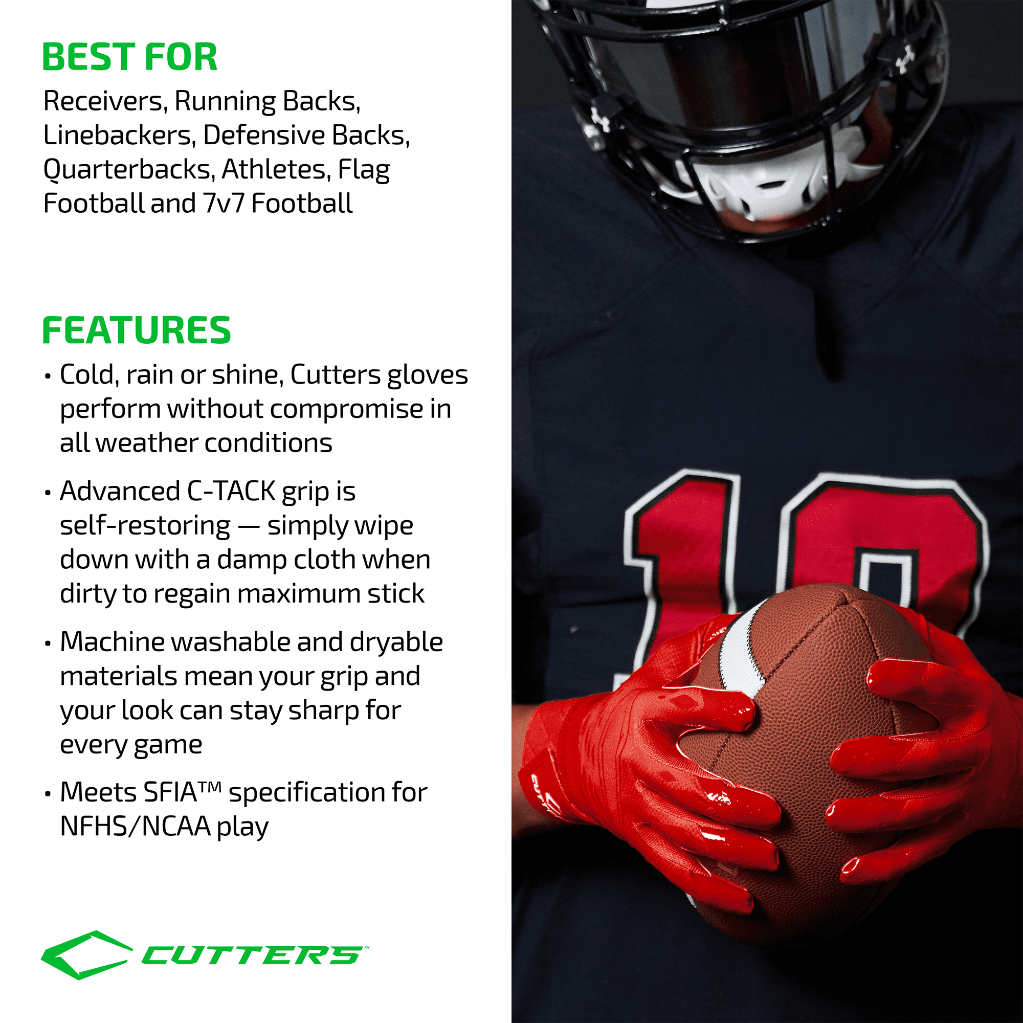 Cutters, Rev Pro 5.0 Football Receiver Gloves, Adult, M, Smile