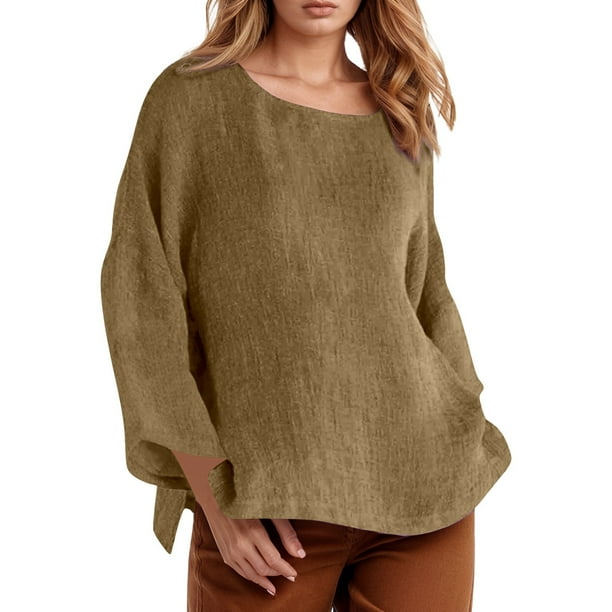 Camiseta de manga larga y cuello redondo de color liso para mujer: estilo informal y holgado, tejido de poliéster para los días más frescos.