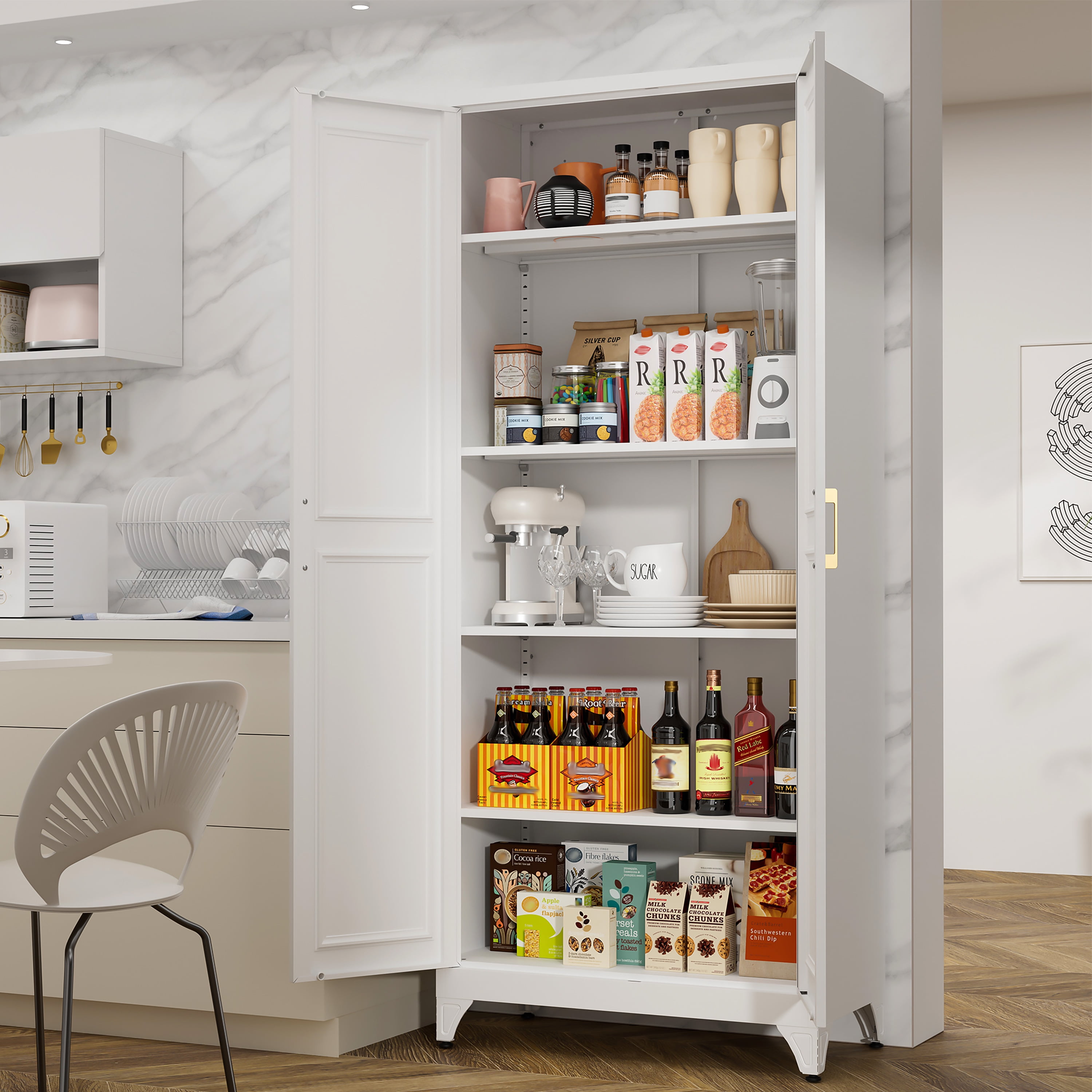 Polup 75" Height Metal White Storage Cabinet, Modern Tall Steel Pantry Cupboard with 2 Doors and Adjustable Shelves for Kitchen Garage and Home