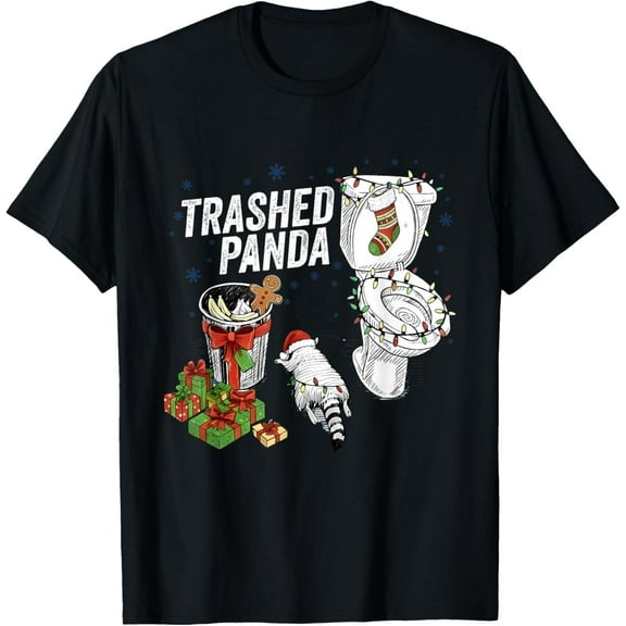 Trashed Panda Funny Drunk Racoon Lights Christmas T-Shirt- American fashion hot selling casual retro high quality 100% cotton T-shirt 1 piece