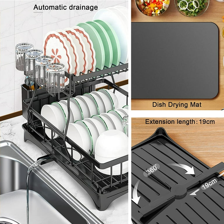 Dish Drying Rack Drainboard Set, 2 Tier Stainless Steel Large Dish Rack  with Drainage, Wine Glass Holder, Utensil Holder and Extra Drying Mat, Dish