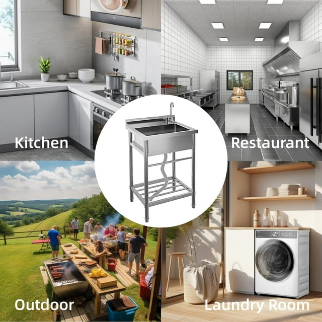 EDTara Évier Utilitaire en Acier Inoxydable à Bol Unique avec Robinet, Conception Autoportante Robuste pour Buanderie, Cuisine, Garage Ou Usage Extérieur