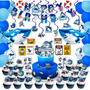 Shark Birthday Party Supplies, Shark Theme Party Decorations for Boys Girls, Include Shark Banner, Cake Toppers, Foil & Latex Balloons, Hanging Swirls
