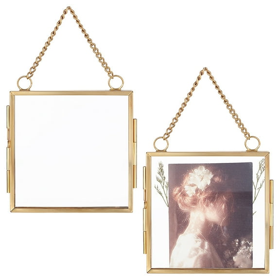 Hanging Pressed Flower Alloy Photo Frames Double Glass Floating Frames with Chain for DIY Artwork Display Gallery Wall Decor Square Golden for diy