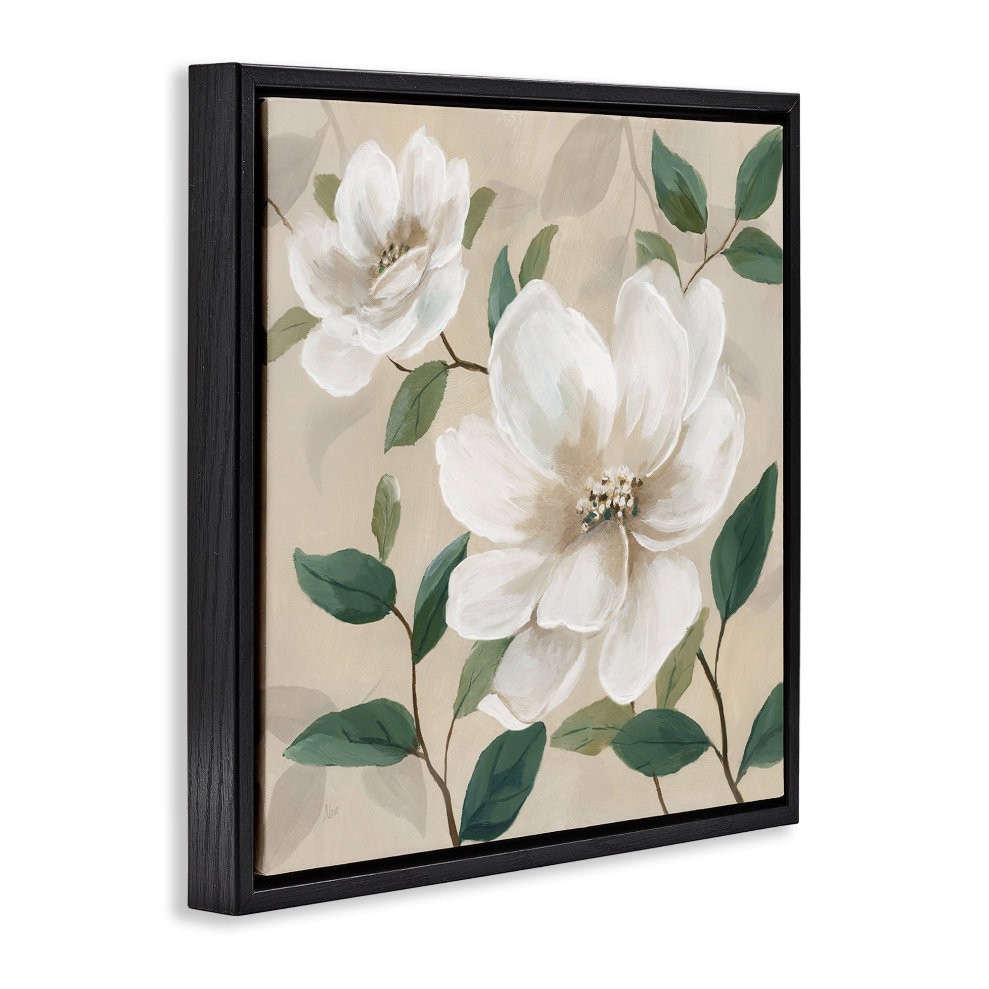 Stupell Industries Serene White Blossom with Leaves Black Framed Floater Canvas Wall Art, design by Nan