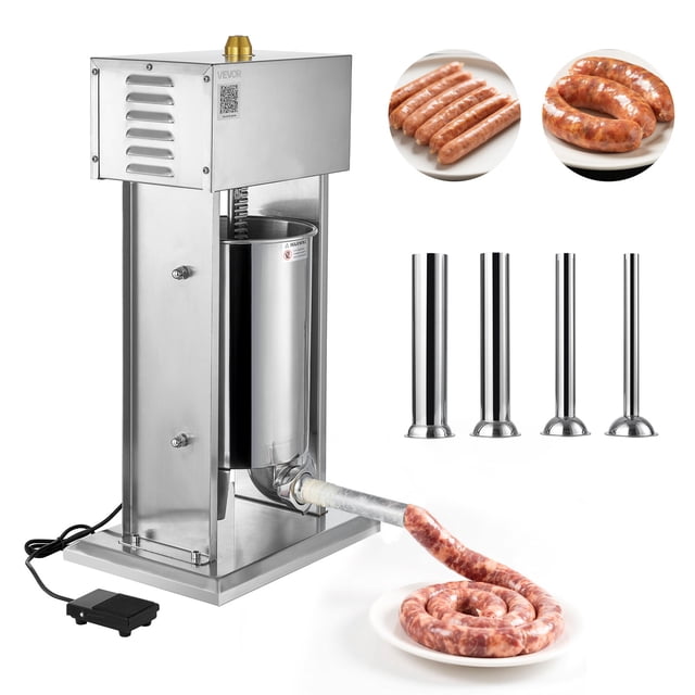 Embutidora electrica de salchichas VEVOR, 12 L (25 lb), vertical, control de velocidad continuo y pedal, de acero inoxidable resistente con 4 tubos de embutido, para uso comercial y domestico.