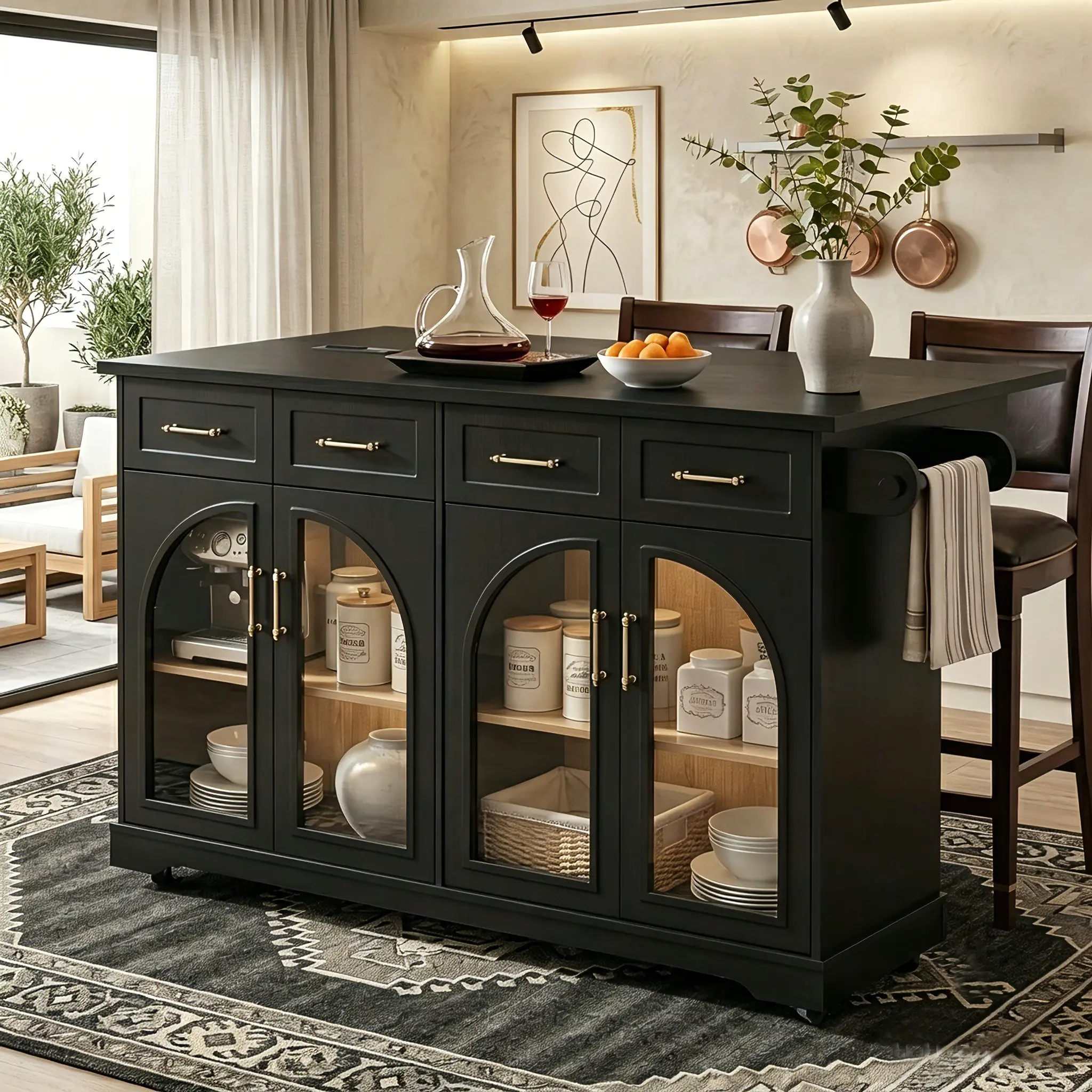 Aukfa 65" Kitchen Island with Arched Glass Doors, Drop Leaf Countertop & Charging Station, Rolling Cart, Black