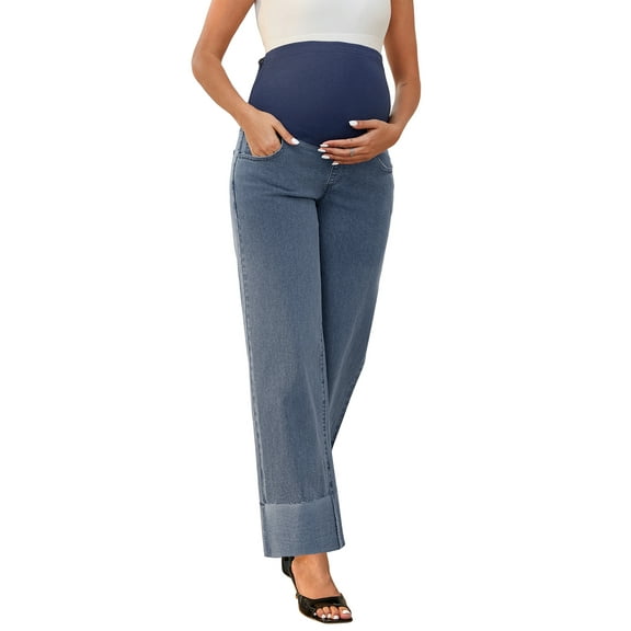 INSPIRE CHIC Women Maternity Jeans Straight Leg Cuffed Comfy Stretch Over Belly Support Pregnant Denim Work Pants S Retro Blue