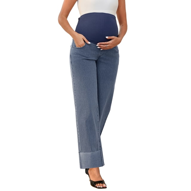 INSPIRE CHIC Jeans de Maternidad para Mujeres, Denim de Pierna Recta, con Puños, Alta Elasticidad, sobre el Vientre, Pantalones para Embarazadas, Casual de Trabajo, XL, Azul Retro