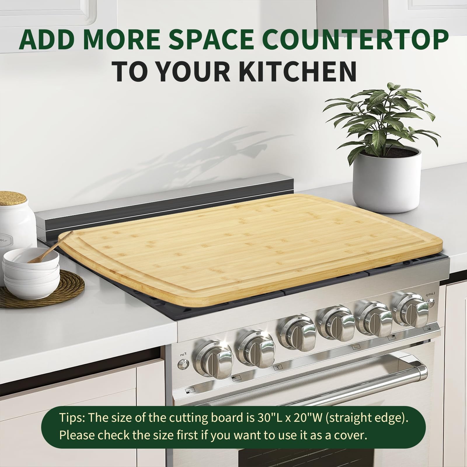 Extra Large Bamboo Cutting Board 30x20 Inch Wood Gas Stove Top Cover, Chopping Board with Deep Juice Grooves, Reversible & East to Clean for Home Restaurant Kitchens