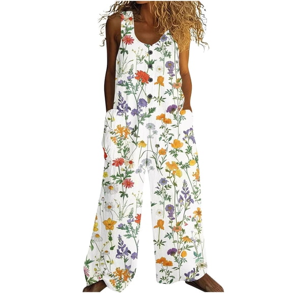 DeHolifer Women Cotton Linen Jumpsuits Casual Loose Summer Jumpsuit One Piece Print Outfits Sleeveless Wide Leg Pants Romper Yellow 2XL