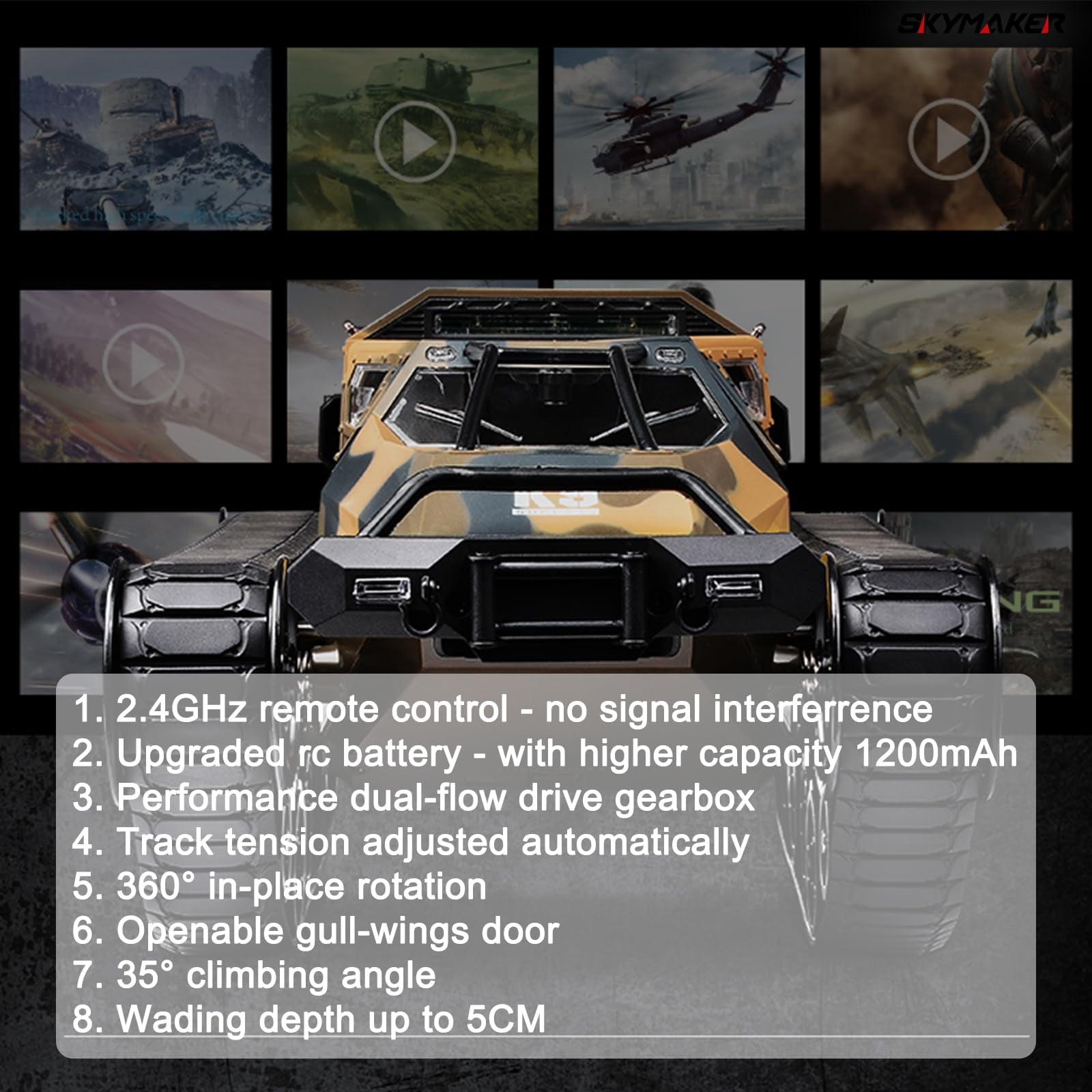 RC Tank Car, 1:12 Remote Control Crawler High Speed Tank, 2.4Ghz RC Rock Crawler Off-Road 4WD with 2 Battery, Military Truck Toy for Adults and Kids