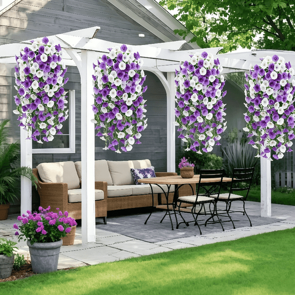 KIRIFLY Artificial Hanging Flowers UV-Resistant Realistic Trailing 4 PCS Morning Glory Fake Artificial Plants Imitation Flowers for Home Garden Yard Patio Wedding Outdoor Indoor Decor(Purple White)