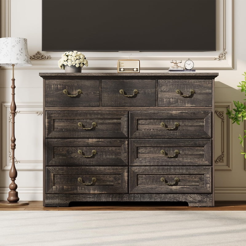 TROPOW Vintage 9 Drawer Dresser for Bedroom, 47" Wide Chest of Drawers with Natural Wood Texture, Wooden Storage Organizer for Closet, Living Room, Hallway,Gray