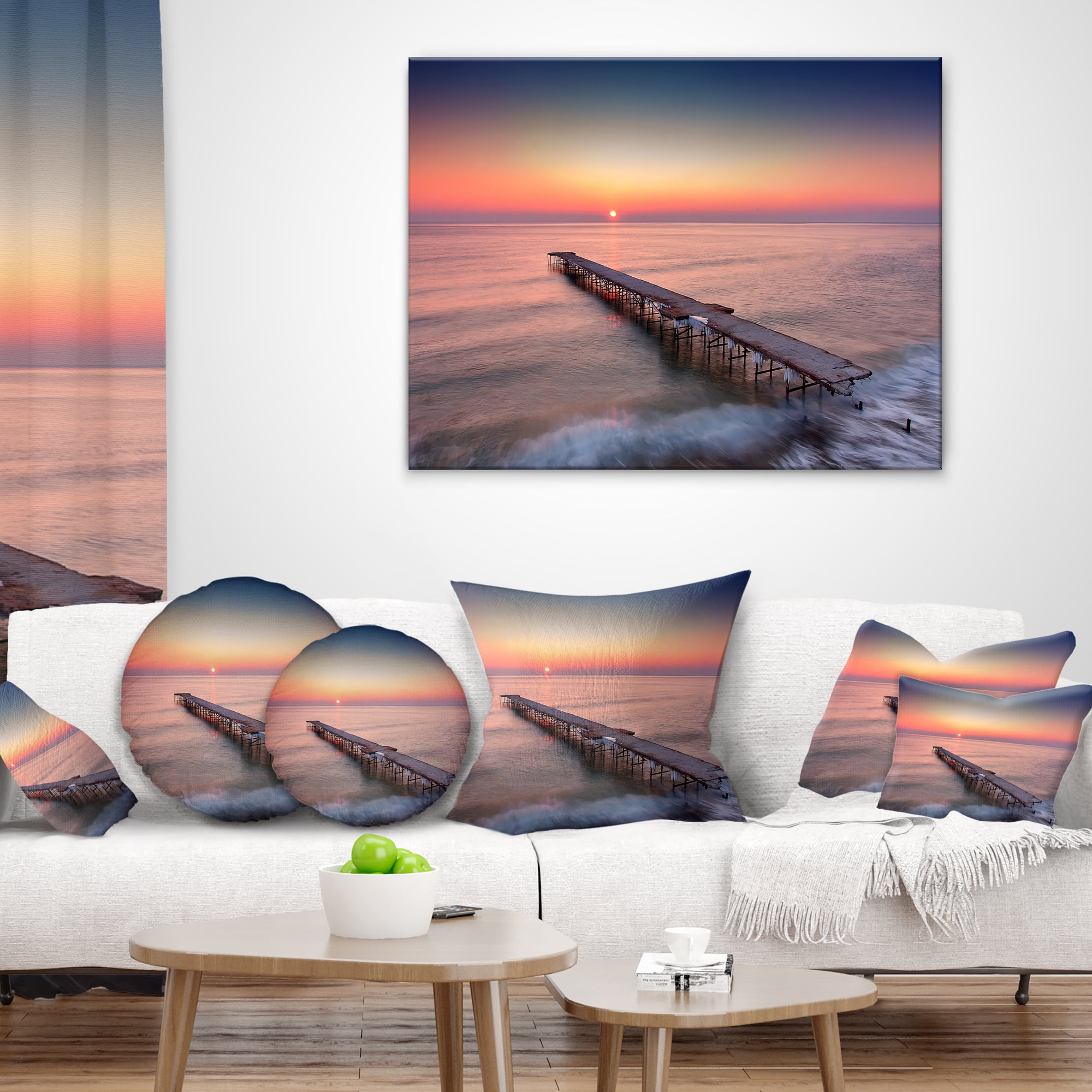Designart Long Exposure Sea and Shore - Sea Bridge Throw Pillow - 12x20