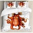 thumbnail image 1 of Octopus Duvet Cover Set, Kraken Octopus Holding Sailing Ship in Tentacles Mythical Monster Nautical Theme, Decorative Bedding Set with Pillow Shams, White Orange, by Ambesonne, 1 of 3