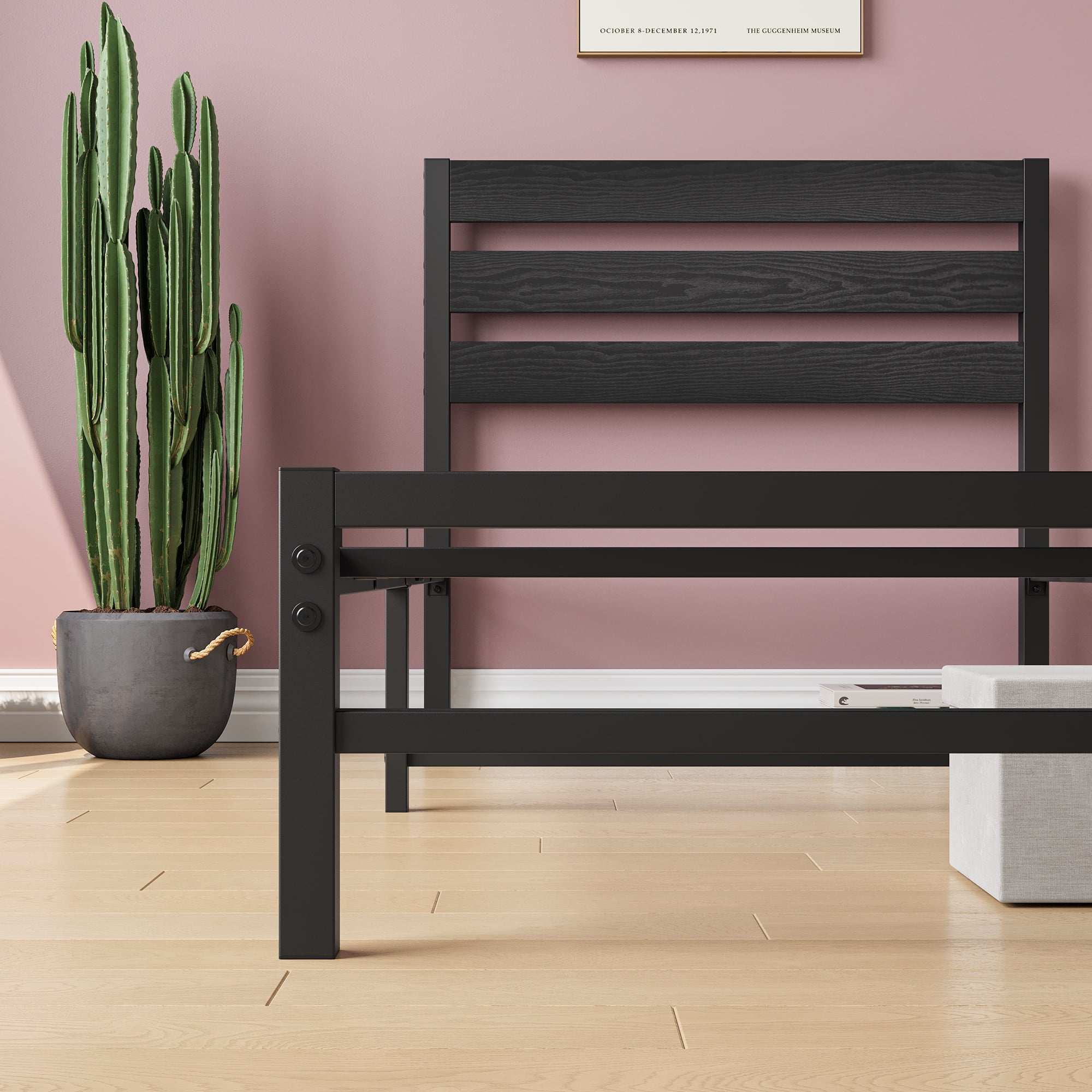 Aukfa Metal Platform Bed, Twin Bed Frame with Wood Headboard, Black