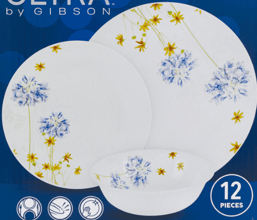 Gibson Ultra 97245.12 Tempered Opal Glass Dinnerware Set, Violet Floral - 12 Piece