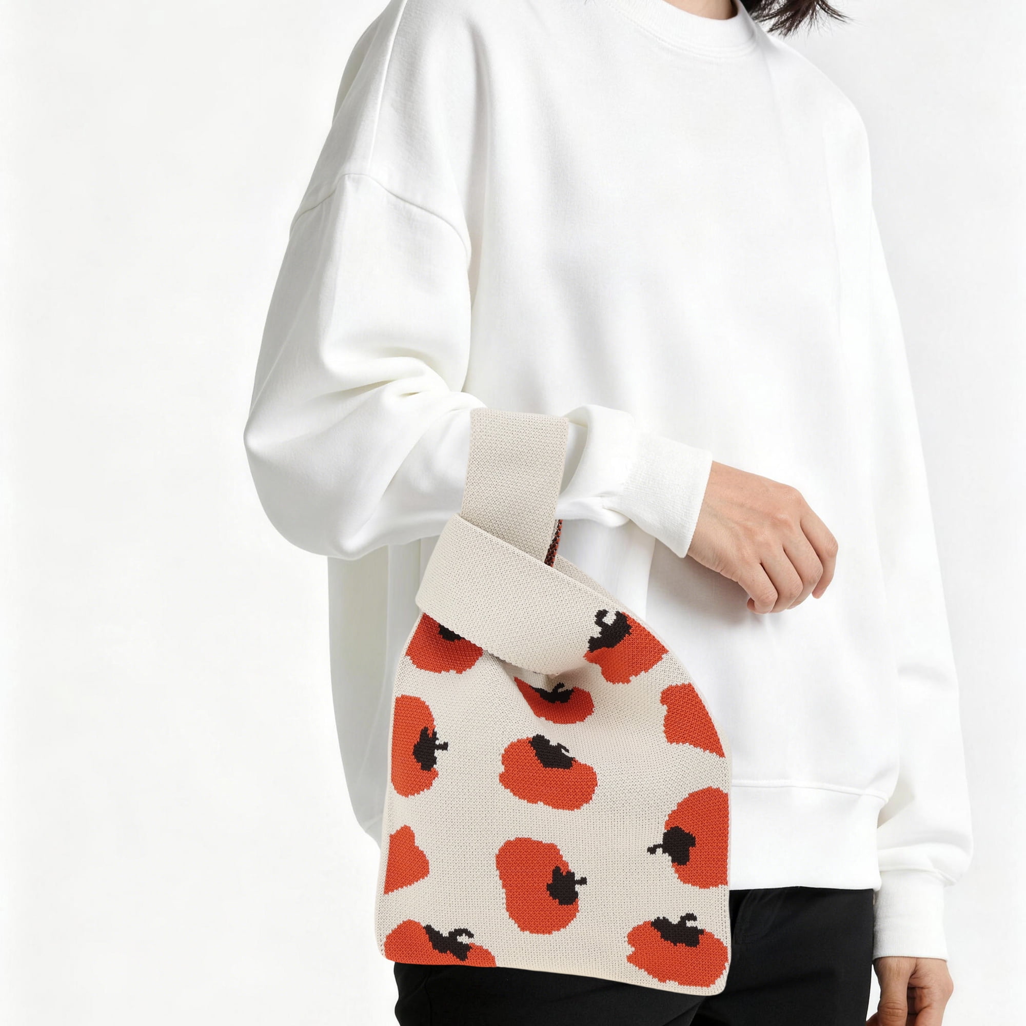Unique Bargains Fruit Pattern Knitted Wrist Bag Beige Orange Red Black 1 Pc