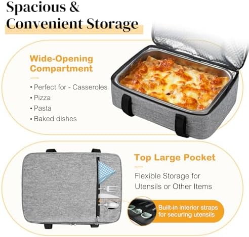 Insulated Casserole Carrier – Portable Tote for Hot or Cold Food, Warmer & Cooler Bag Lunch Bag, Fits 9" x 13" Baking Dish, Ideal for Potluck Parties – Grey