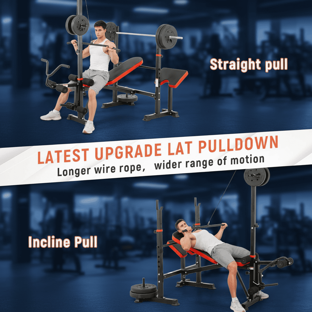 PUATUL 1500 LBS  Adjustable Weight Bench Set with Lat Pulldown, Leg Extension and Leg Curl, Foldable Bench Press Station with Preacher Curl and Squat Rack, Safety Catches Workout Benches for Home Gym