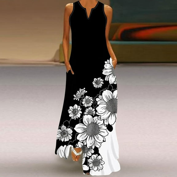 YANHAIGONG Boho Dresses for Women 2025, Sunmmer Floral Maxi Dress V Neck Sleeveless Vintage Ruffle Flowy Beach Dress with Pocket ,Casual Flowy Maxi Beach Dresses