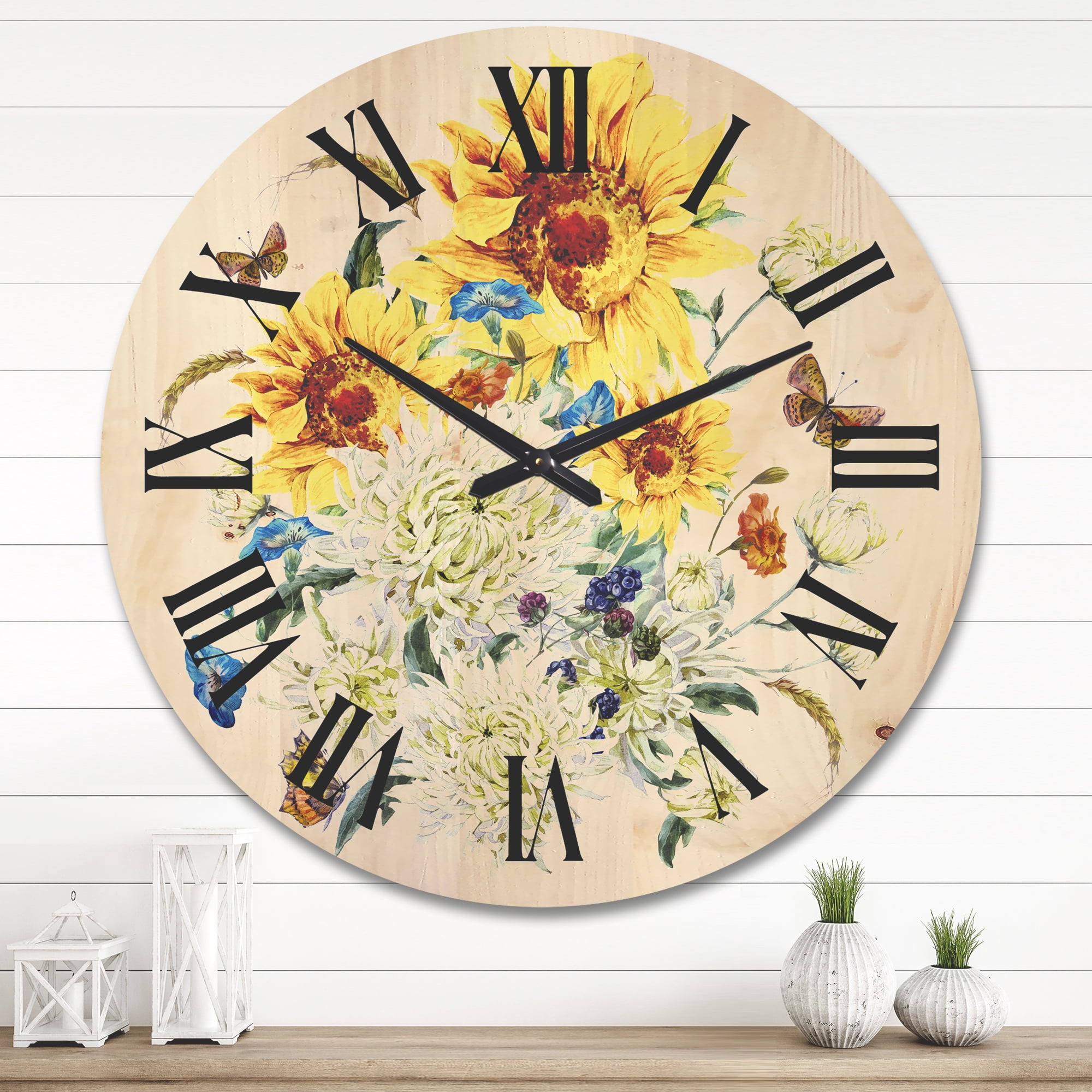 Designart 'Ancient Chrysanthemums and Sunflowers' Traditional Wood Wall Clock
