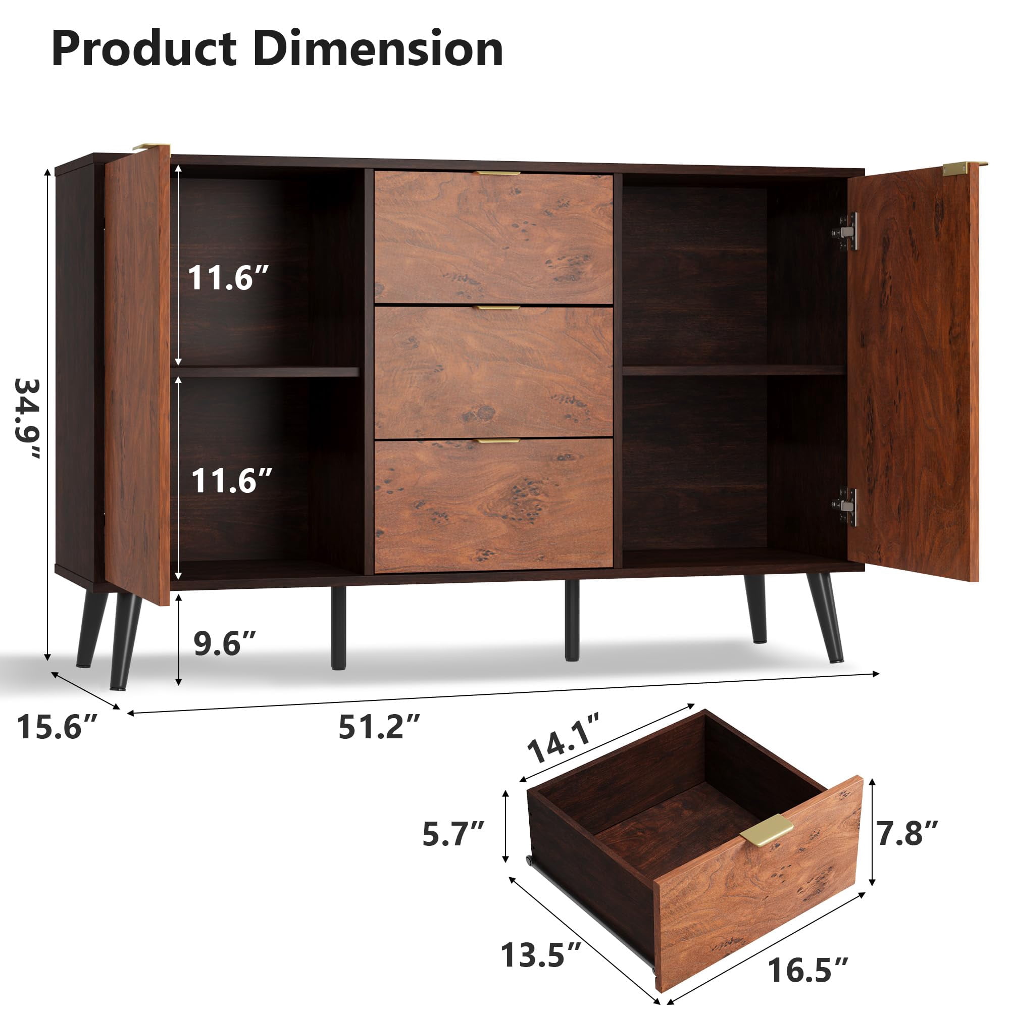 Luku 51" Mid-Century Modern Sideboard Buffet Cabinet, Large Credenza Storage with 3 Drawers, Doors & Shelves, Walnut Finish, Robot Vacuum Friendly, Anti-Tip Safety