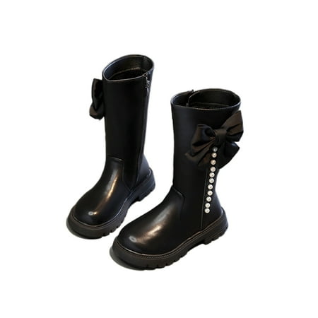 

SIMANLAN Children Knee High Boots Bowknot Riding Boot Side Zipper Winter Shoes School Casual Wedding Fashion Black with Plush Lined 12C