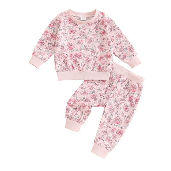Aojekbee Toddler Girl Fall Outfits Floral Print Crew Neck Long Sleeve Sweatshirts and Long Pants 2Pcs Clothes Set
