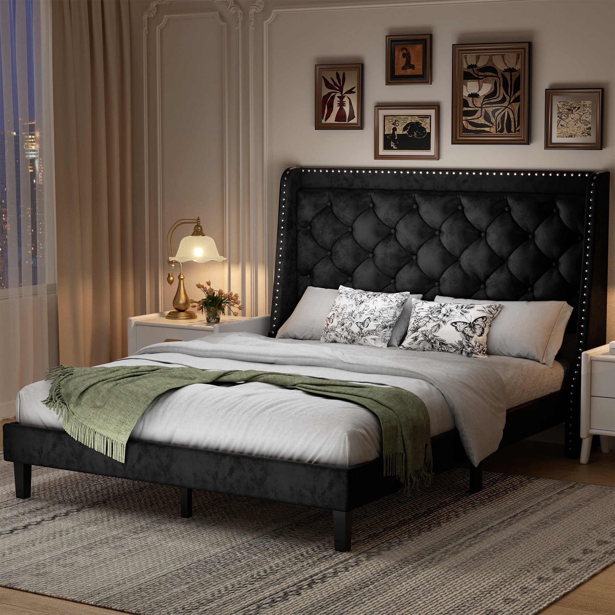 Walsunny Queen Bed Frame with Storage, Upholstered Platform Bed with Diamond Tufted Headboard and Wingbacks, Wooden Slats Support Easy Assembly, Velvet Black