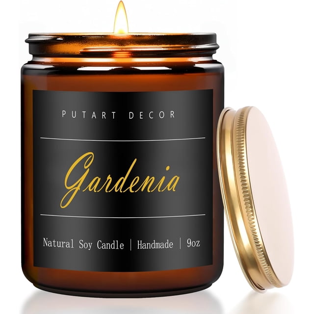 Putart Gardenia Scented Candles for Home, 9oz Natural Soy Wax Aromatherapy Organic Santal Candle for Stress Relief, Long Burning & Lasting Jar Candle Gifts for Birthday, Housewarmings, Thanksgiving
