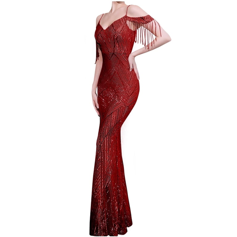 Hvot&aat Women Sexy Formal Dress V-Neck Tassels Sequins Maxi Evening Gown Elegant Slim Fit Mermaid Dresses, Women's, Size: 2XL, Red