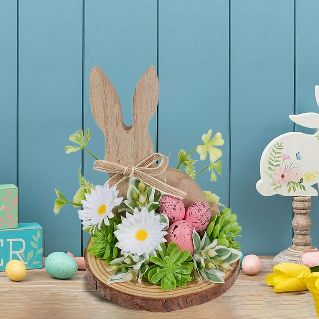 Dianli Wooden Easter Ornaments Rabbit and Egg Decorative Set Rustic Floral Spring Tabletop Home Bucolic Desktop Cute Wood Figurines Easter Decor