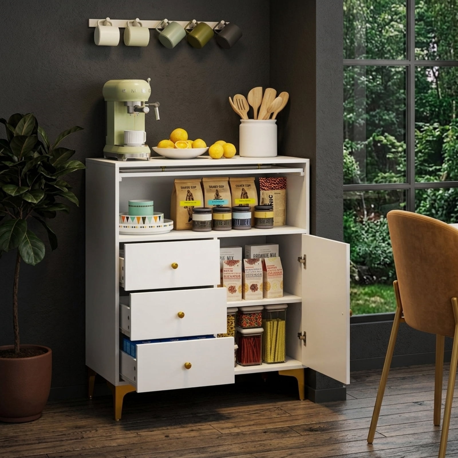 Furnibear Chest of Drawers with Flip Up Fluted Glass Door 3 Drawer Storage Cabinet Dresser for Bedroom Living Room Kitchen, Gray