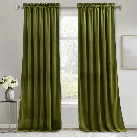 RYB HOME Moss Green Velvet Curtains 96 inches Long for Living Room, Thermal Insulated Room Darkening Window Decor for Holiday Backdrop Privacy Drapes for Guest Room, W52 x L96, 2 Panels