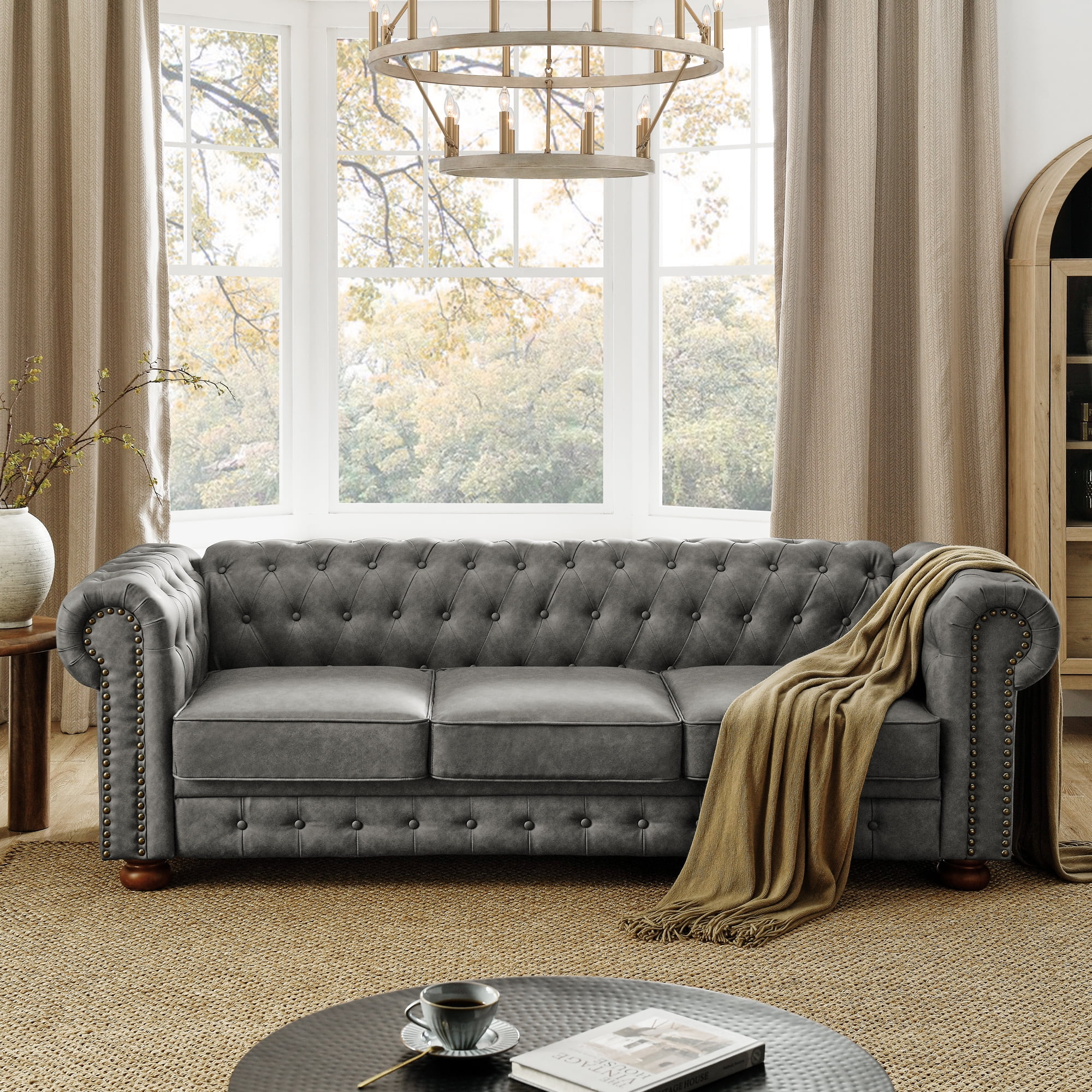 Aukfa 89" Chesterfield Sofa Deep Seat 3-Seater Leather Couch with Tufted Button for Living Room, Rolled Arms, Gray
