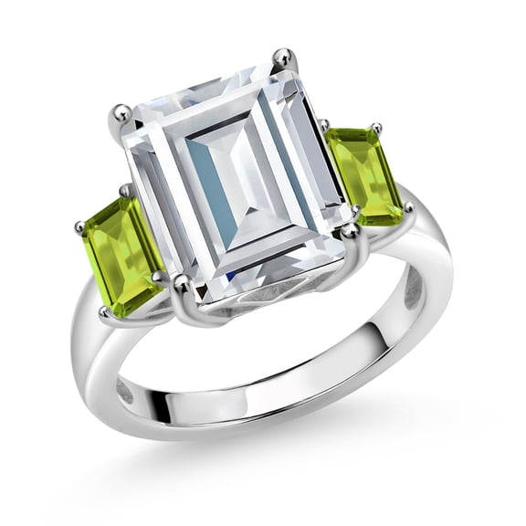 Gem Stone King 925 Sterling Silver Green Peridot Ring Set with Emerald Cut Moissanite (8.58 Cttw) (Size 7)