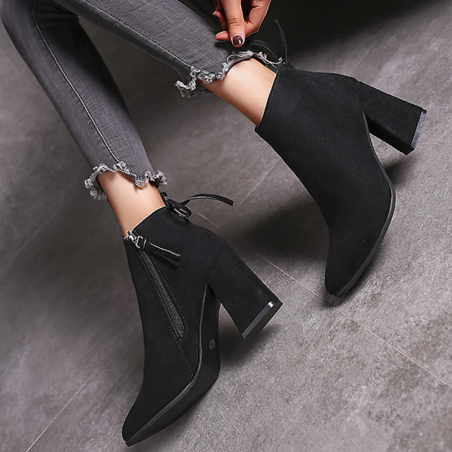 Women's fashion pointed toe back zipper mid calf block heel boots party shoes 