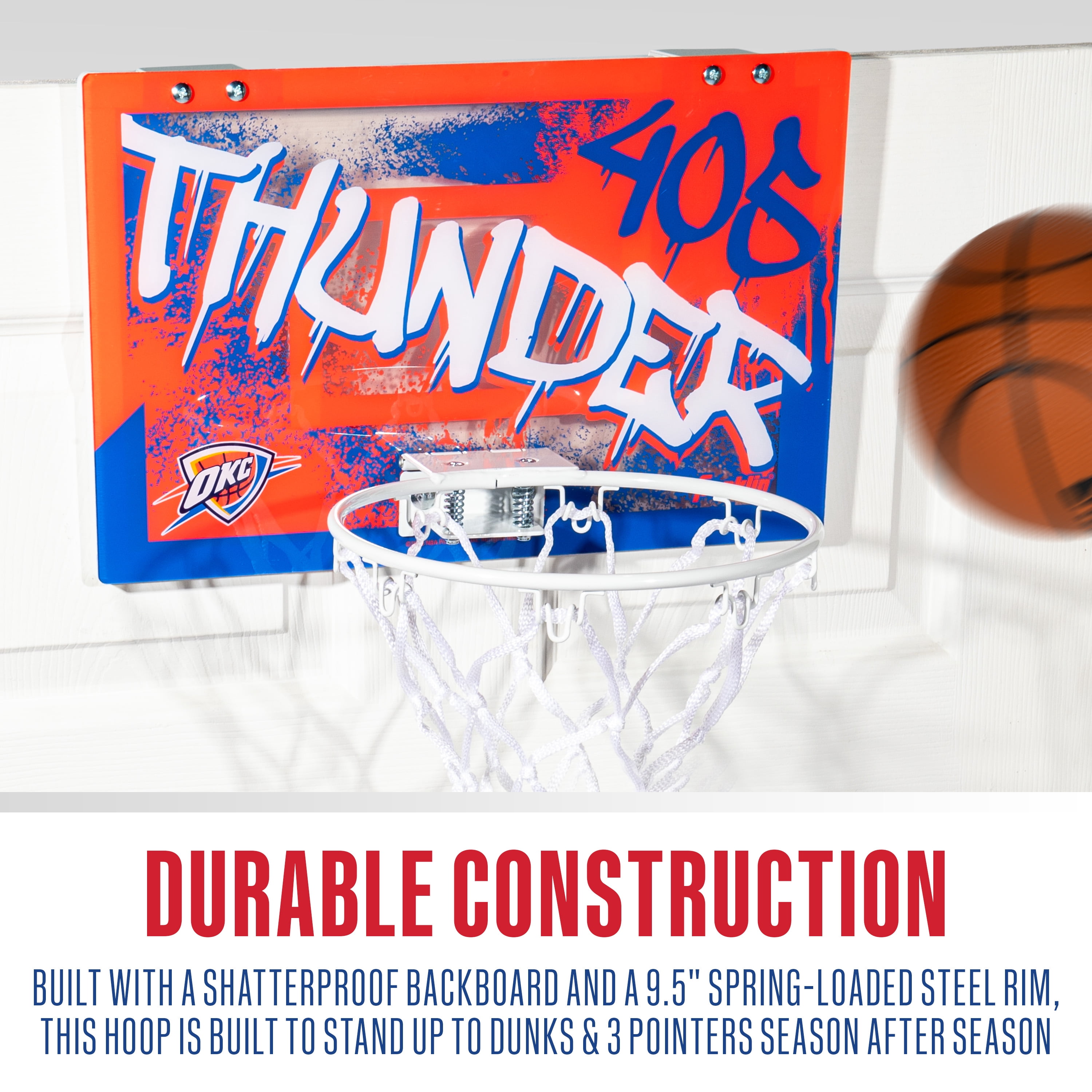Franklin Sports NBA Oklahoma City Thunder Over the Door Basketball Hoop - Kids Indoor Basketball Hoop with Mini Basketball - NBA Fan Shop Mini Hoop for Bedroom + Office - Over the Door Mini Hoop Set