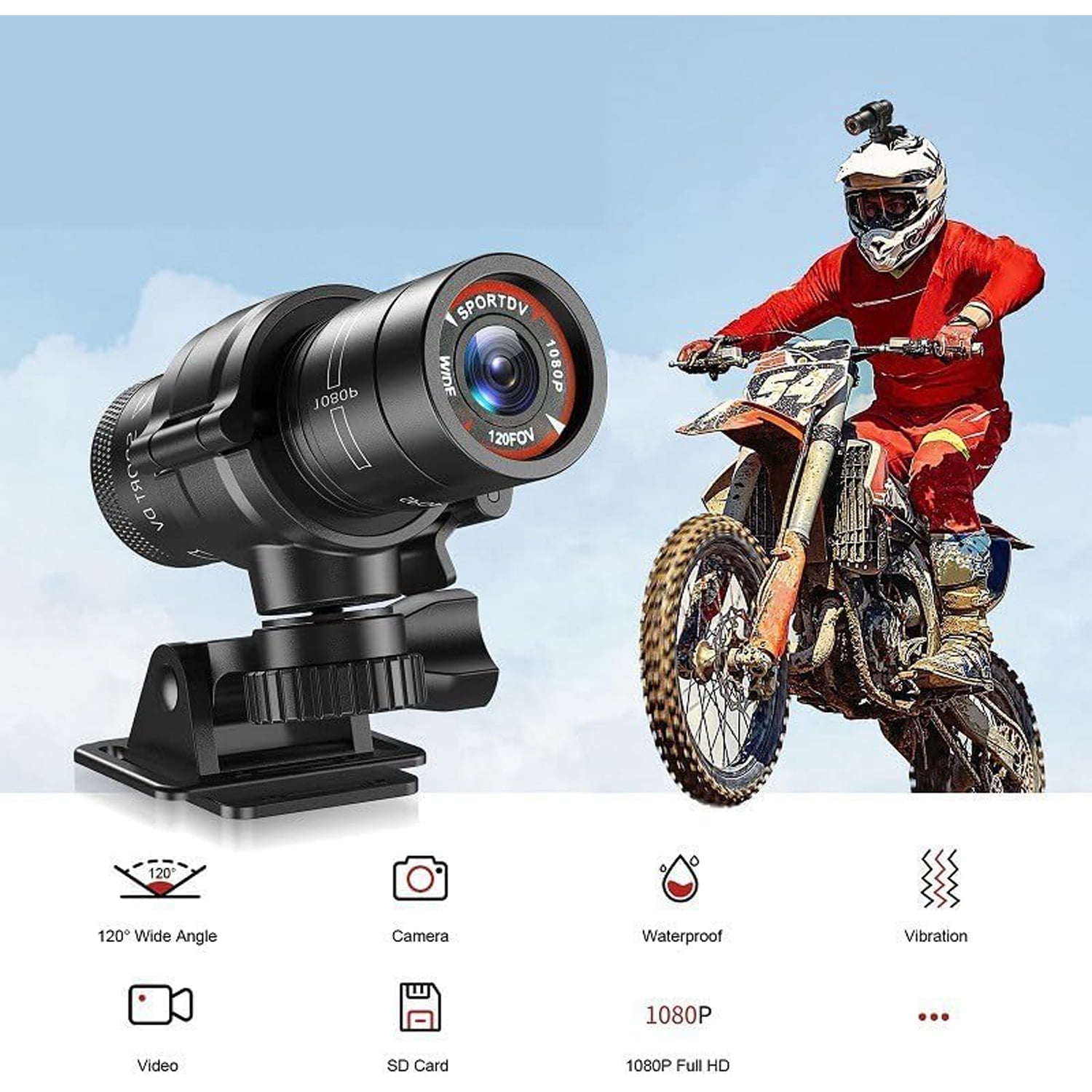WIKCOVER Motorcycle Helmet Camera with 128GB SD Card, Full HD 1080p Bike Action Camera, 120° Wide-Angle Video, Waterproof Handlebar Mount
