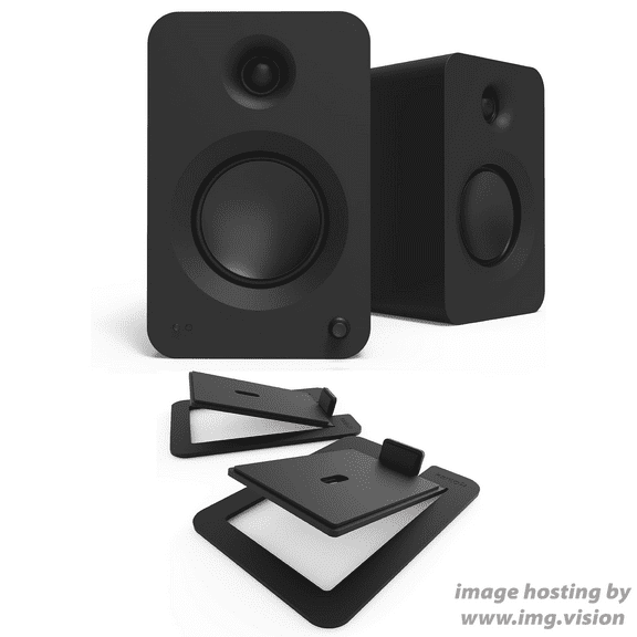 Kanto REN MB Bluetooth Powered Bookshelf Speakers - Matte Black Pair with Kanto S6 Angled Desktop Speaker Stands for Large Speakers - Black Pair (2024)