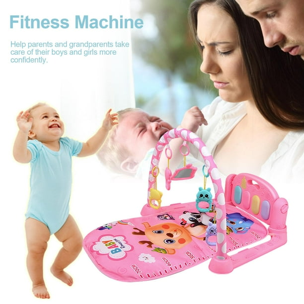 Gimnasio de actividades con tapete de juegos para bebés con juguetes colgantes, tapete de gimnasia con piano para patear y tocar con música y luces para bebés y niños pequeños