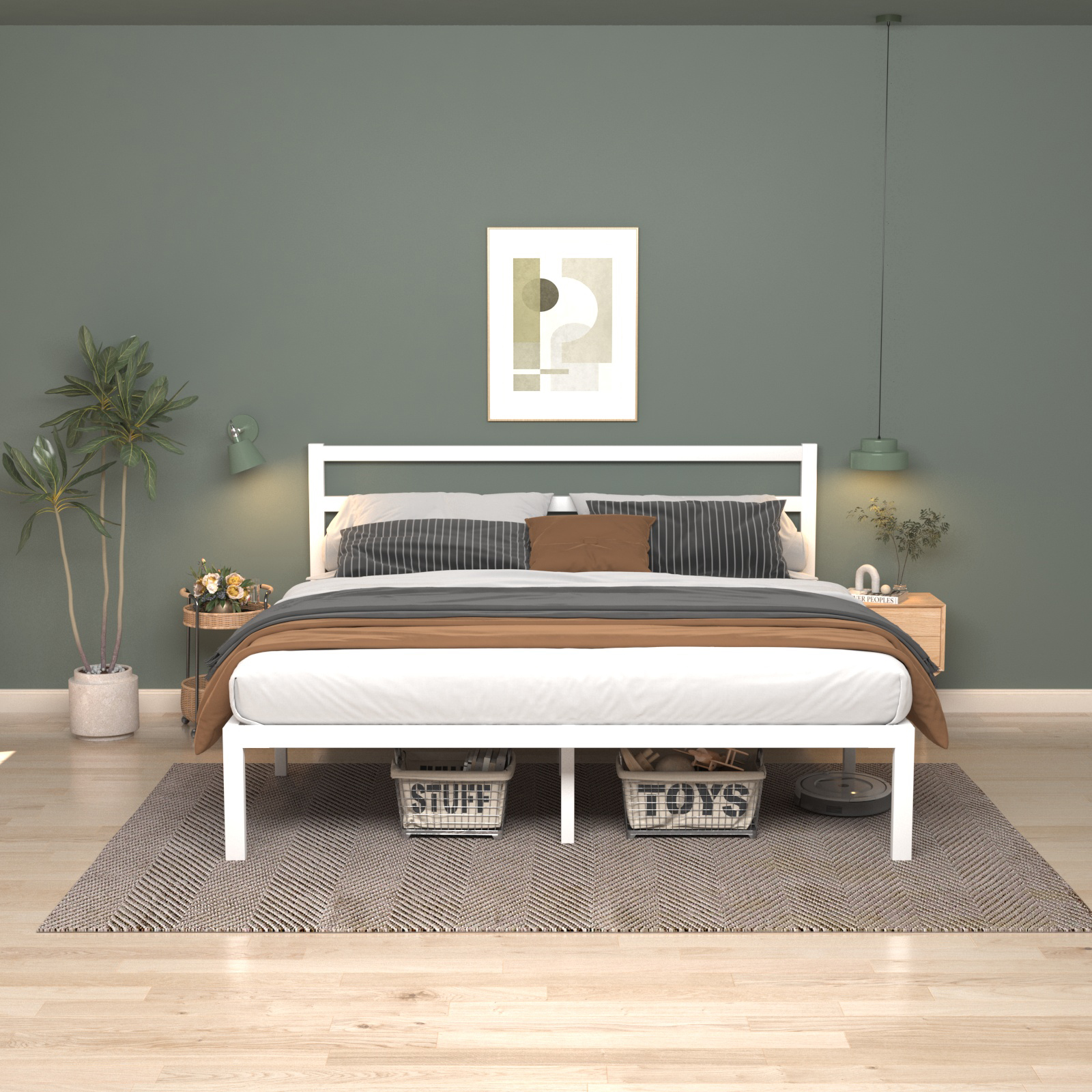Full Size White Metal Bed Frame with Headboard, Heavy Duty Sturdy Platform Bed, No Box Spring Needed, Easy Assembly, Noise-Free, Modern Style Bedroom Furniture